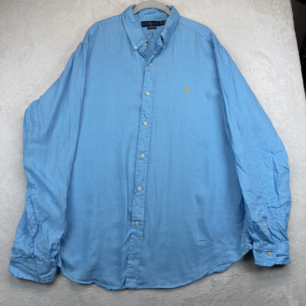 Ralph Lauren Mens 100% Linen Shirt Blue XXL Classic Fit Long Sleeve Pony